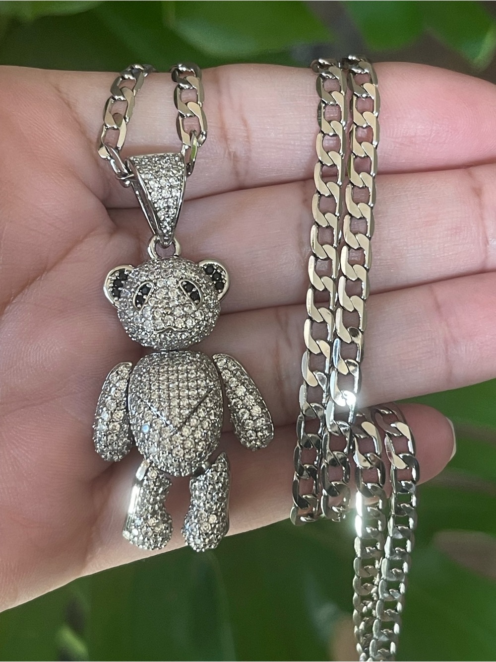 Crystal Pave Teddy Bear Pendant Necklace - Silver Tone